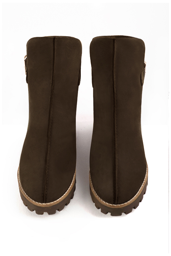 Dark brown women's ankle boots with buckles at the back. Round toe. Low rubber soles. Top view - Florence KOOIJMAN